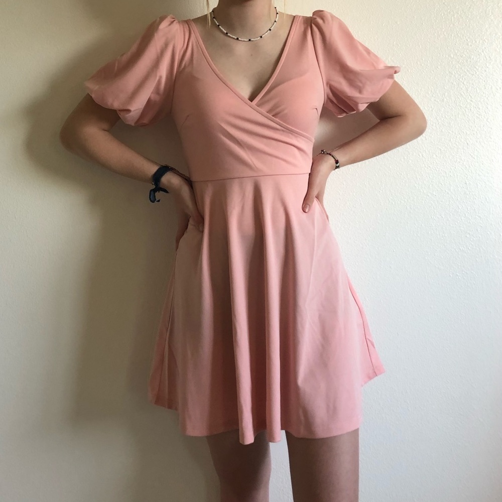 Surplice Neck Puff Sleeve Flare Dress - XS